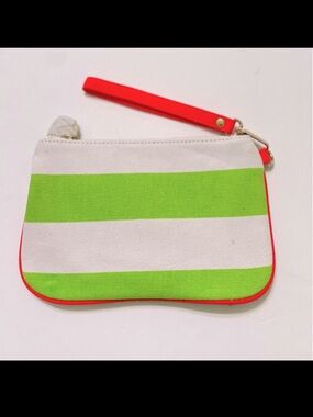 Deux Lux Wristlet Silver Sequin Reverses to Green White Wide Stripes